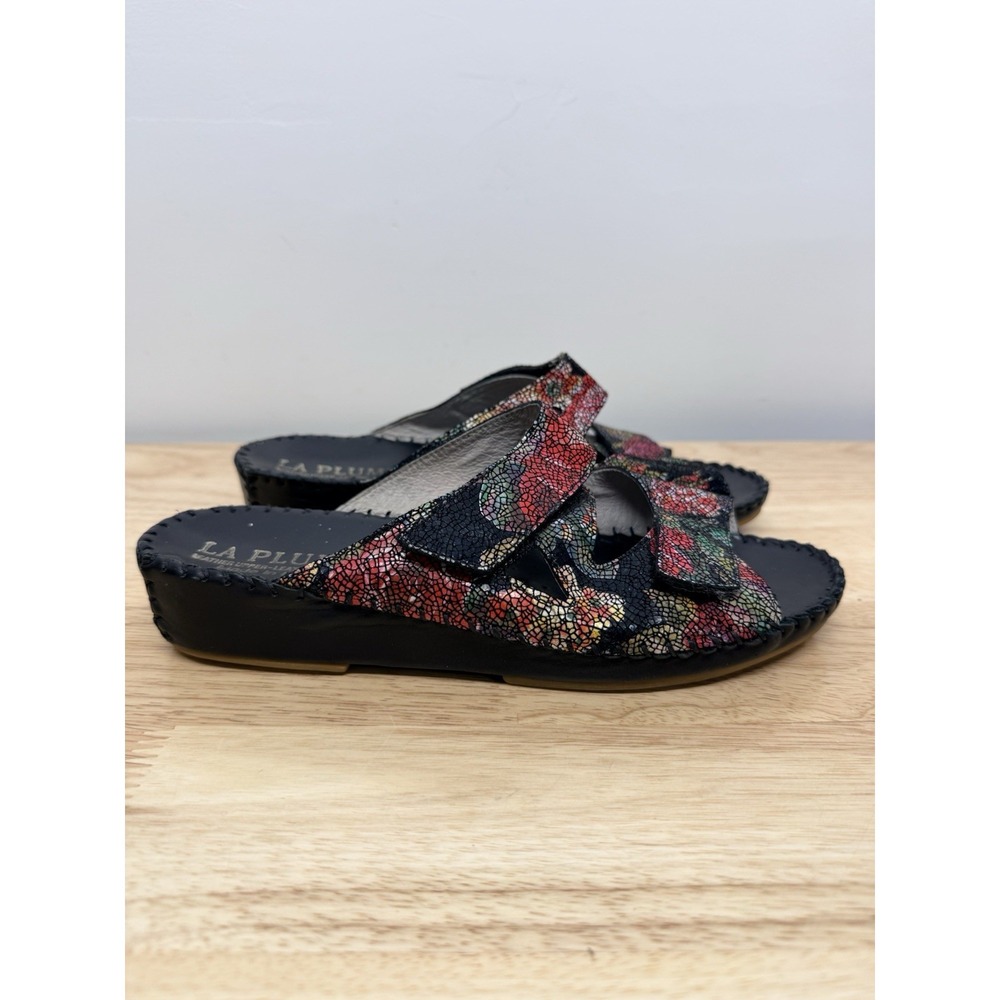 La Plume‎ Sandals Womens 39 Leather Italy Wedge Comfort Slide Floral  #66
